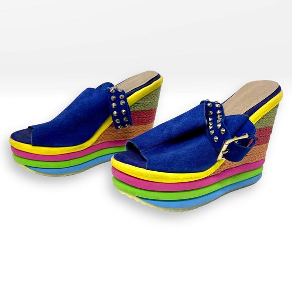 00s MDH Vintage Blue Yellow Platform Espadrille Wedge Heels - Picture 11 of 11